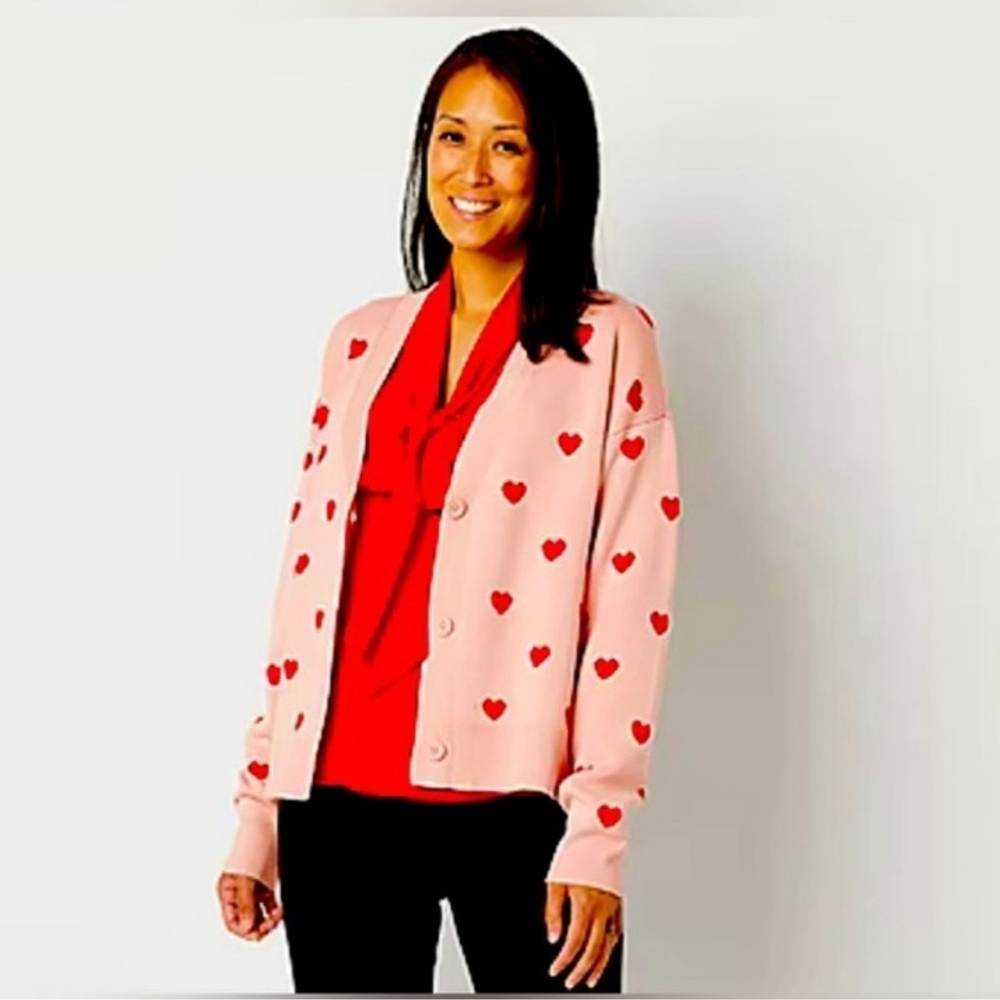 NEW Abbott Elementary V Neck Long Sleeve Hearts Cardigan Sweater L $49